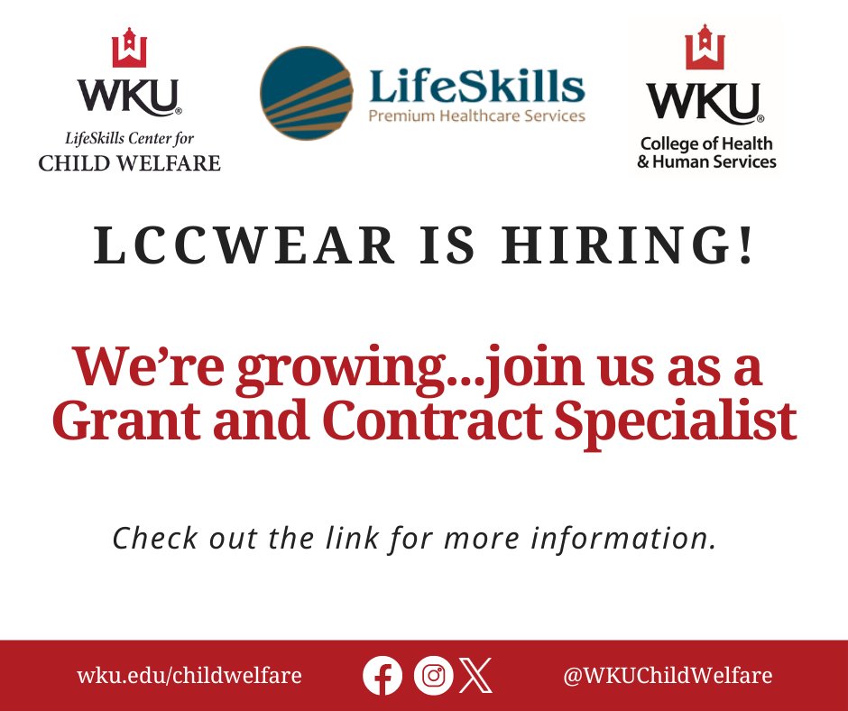 WKUChildWelfare's tweet photo. We are hiring!  The Center is excited to share that our new position, Grant and Contract Specialist, is live!  Click on the link for more information and please share!  #ChildWelfare  
https://t.co/jmt7JFp2Ch 
@GriffithsPhD @wku @CHHS_WKU @LifeSkillsInc1 https://t.co/Vb5B1KyhgW