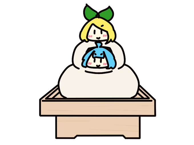 #1日1絵チャレンジ 136日目  鏡餅のコスプレをするミクさんとリンちゃん。