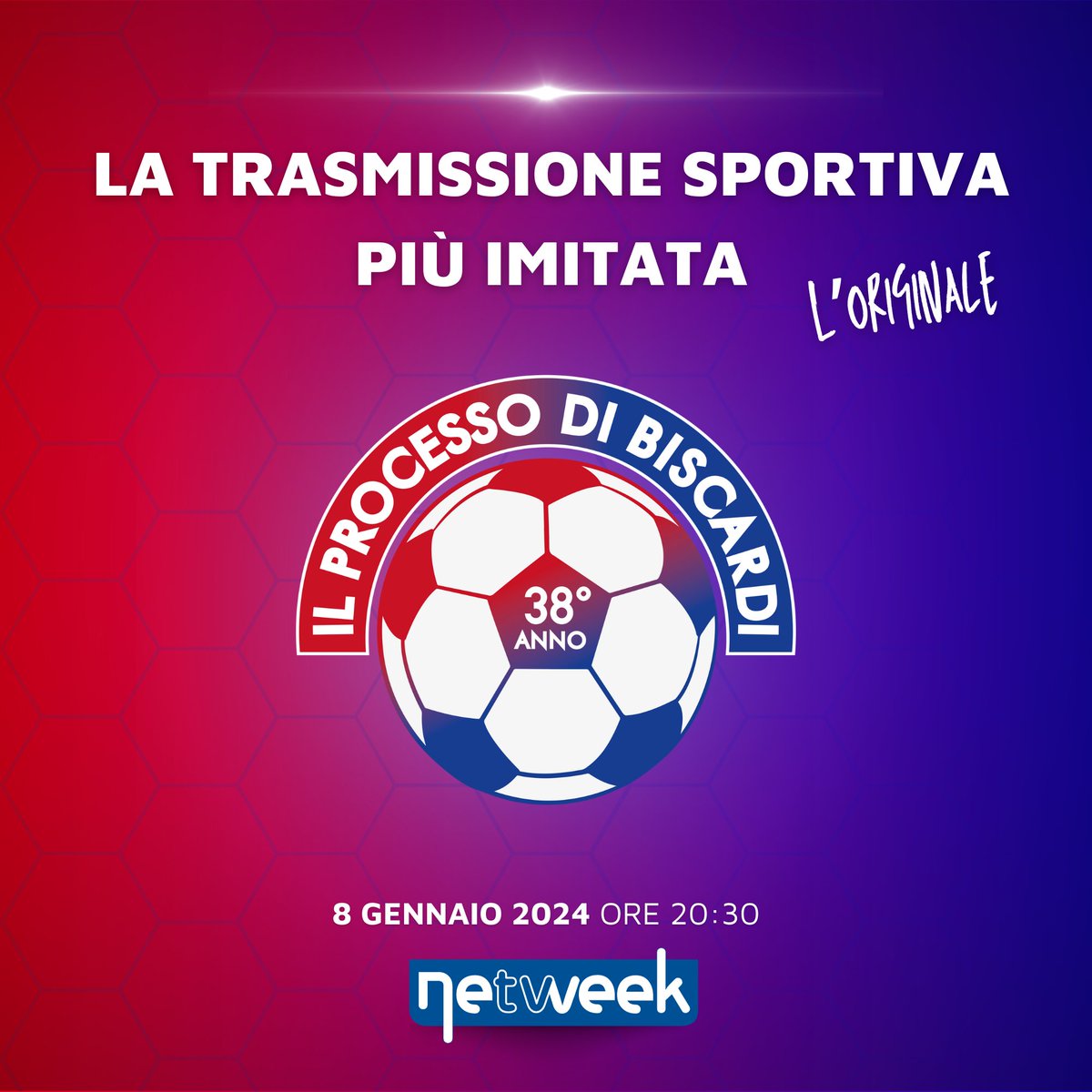 _denghiu's tweet photo. ‼️Torna la trasmissione che ha fatto la storia del calcio in tv, la più imitata, l’originale.
E torna con il numero 38 ✌️

📌Appuntamento a lunedì 8 gennaio 2024 dalle ore 20.45 su Netweek

Vi aspettiamo! 
#ilProcessodiBiscardi #Loriginale #seriea 
#Lunedì #BiscardiChannel #IPDB https://t.co/uHOfV6LW7k