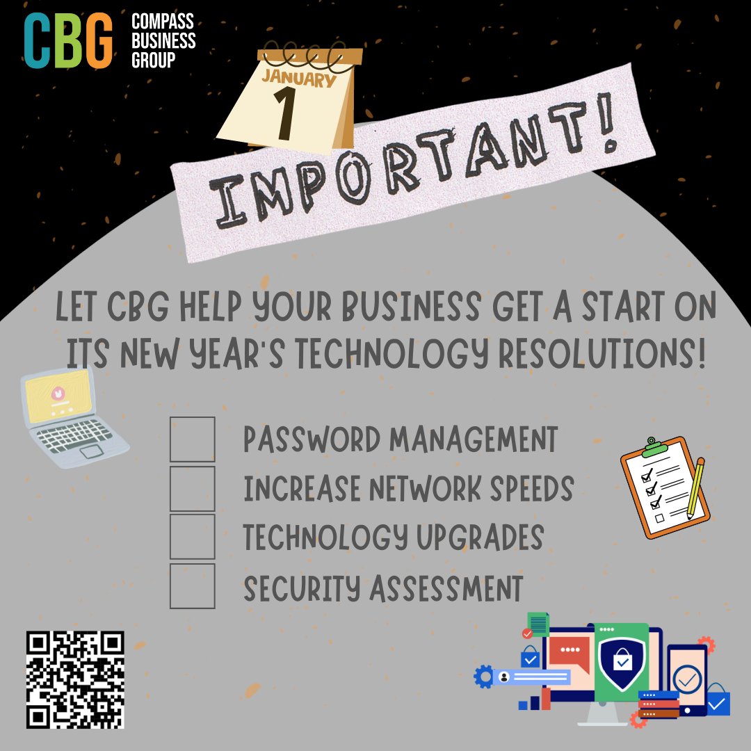 CompassBizGroup's tweet image. Just as we set New Year&apos;s Resolutions personally, it&apos;s also important for businesses to track its Technology Goals in the new year as well. We can help! Schedule an appointment today!