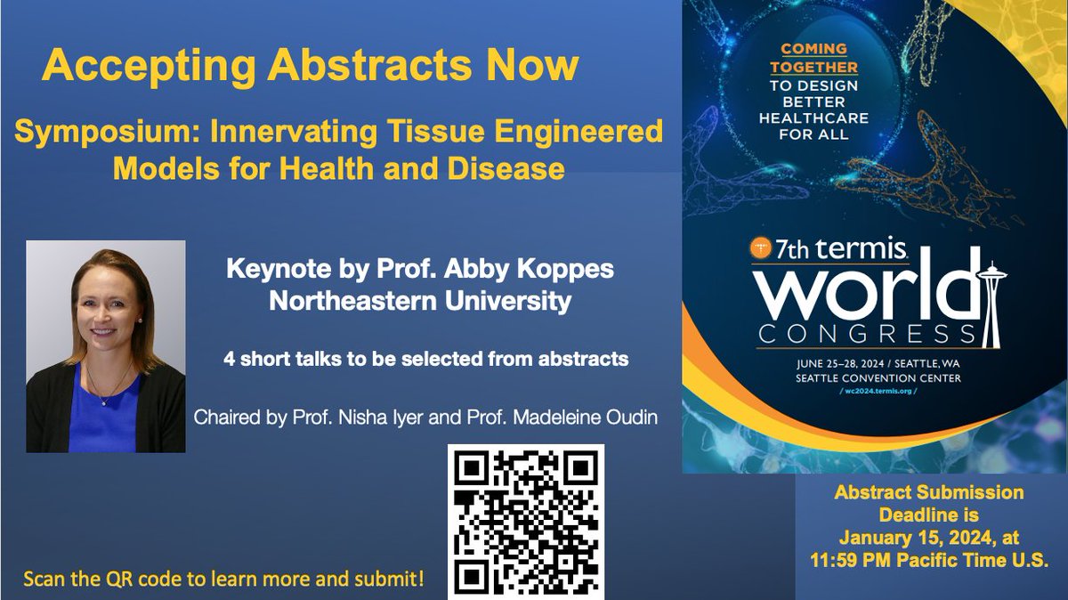 Do you work on innervated tissue engineered models of health and disease? @NishaIyerPhD and I are chairing a symposium at @TERMISAM World Congress next June in Seattle, WA, with a keynote from @ANKoppes. Submit your abstracts by January 15 - we would love to hear about your work!