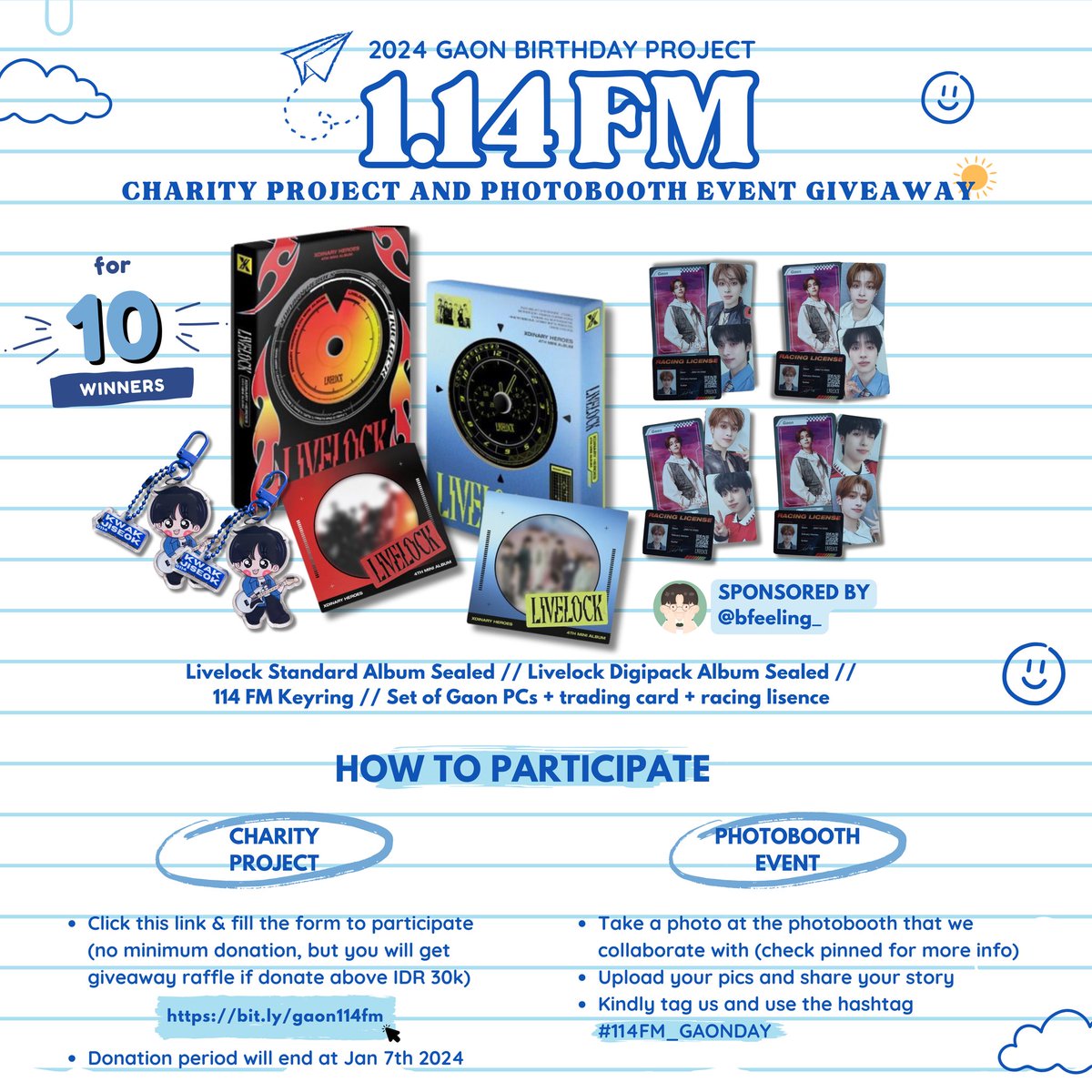 gaonsites's tweet photo. — 𝟏.𝟏𝟒 𝐅𝐌, 𝐭𝐡𝐞 𝐰𝐞𝐚𝐭𝐡𝐞𝐫 𝐢𝐬 𝐧𝐢𝐜𝐞 🌤️
2024 #GAON BIRTHDAY PROJECT
by gaonsites &amp; @cakejiseok 

🎁 GIVEAWAY PRIZE 🎁
by participating in one of our events, you already included in the giveaway raffle! more info on poster 💙

sponsored by @bfeeling_
#114FM_GAONDAY https://t.co/UJpILf5J8U