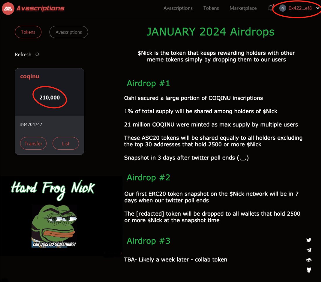 HardfrogNick's tweet photo. 🚨Airdrop Announcement🚨

-----

Drop #1

Snapshot (3 days)

1% of 21M #Coqinu inscriptions exclusive to $Nick holders

-----

Drop #2

Snapshot (7 days)

New meme coin on #avax exclusive to $Nick holders only

-----

Welcome to the Currency of Memes🚀 https://t.co/yBj948qRfv