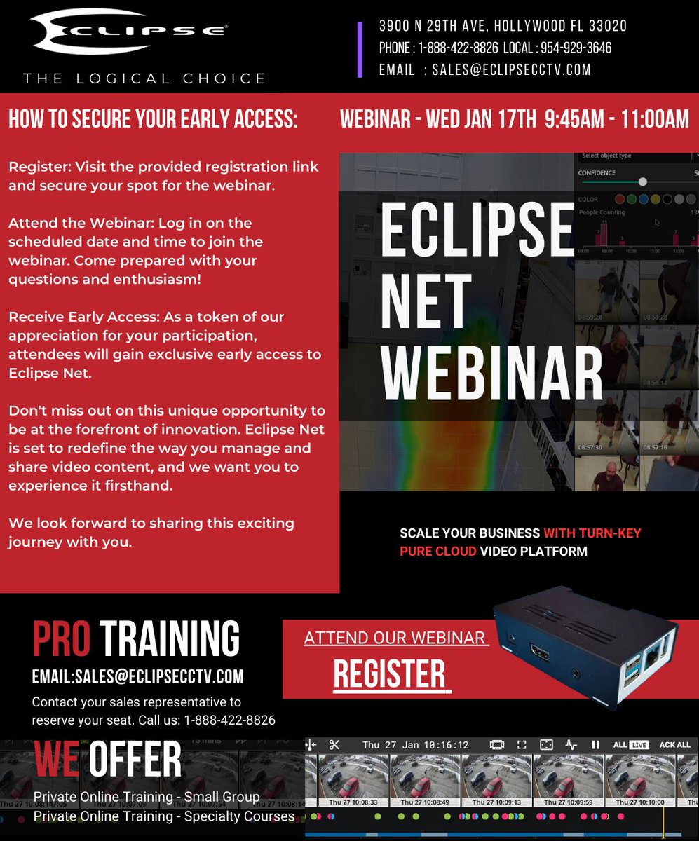 EclipseSurv's tweet image. Subject: Unlock Exclusive Early Access to Eclipse Net Video Cloud Service – Join Our Webinar!

Details for the Eclipse Net Webinar:
Date: Jan 17th
Time: 9:45-11:00am
Registration Link: calendly.com/eclipsecctv/ec…