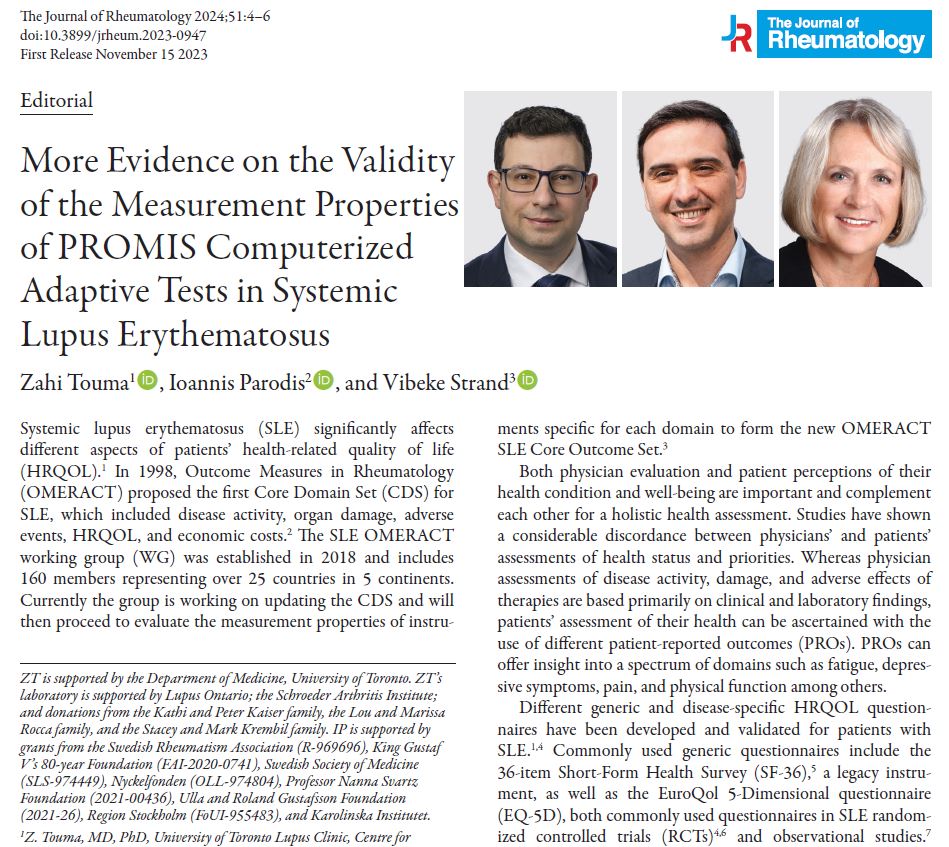jrheum's tweet image. Editorial

More Evidence on the Validity of the Measurement Properties of PROMIS Computerized Adaptive Tests in Systemic Lupus Erythematosus

📰 doi.org/10.3899/jrheum…

#patientreportedoutcomes #qualitativeresearch #systemiclupuserythematosus