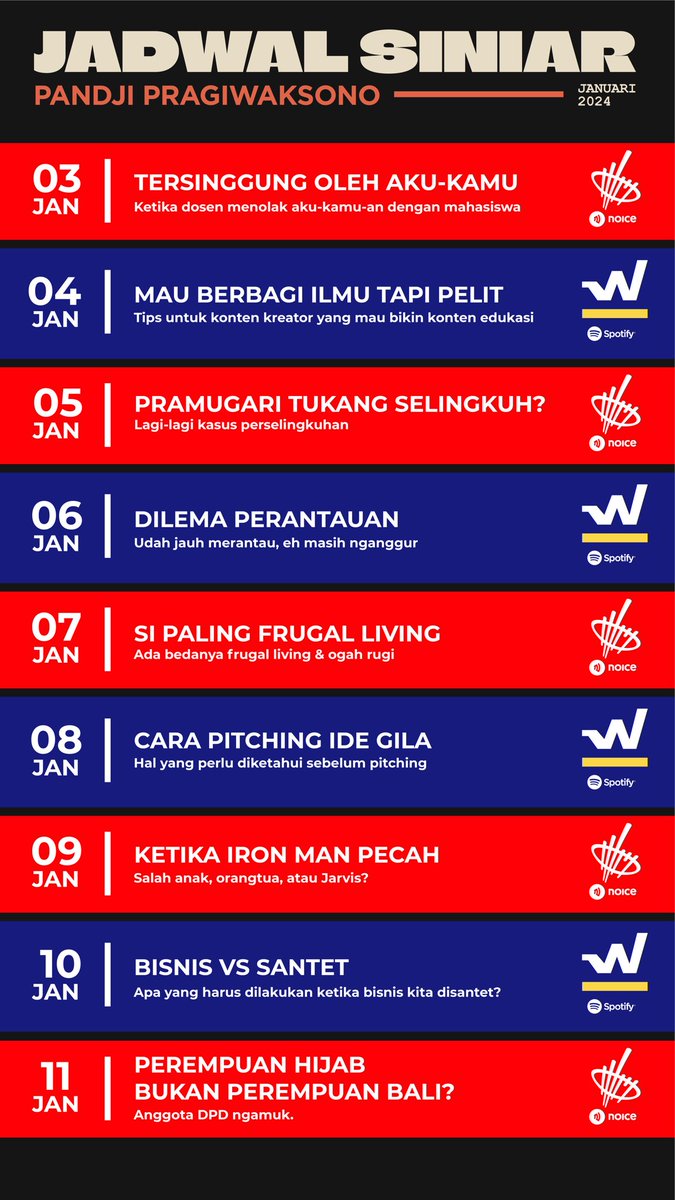 pandji's tweet photo. PESINIAR PALING RAJIN SEGALAXY BIMA SAKTI KEMBALI RILIS JADWAL.
Mana eps yg paling ditunggu?
Siniar #HiduplahIndonesiaMaya eksklusif di Noice.
Siniar #WorkLifeTrampoline di Spotify. https://t.co/UFHvaJPxC9
