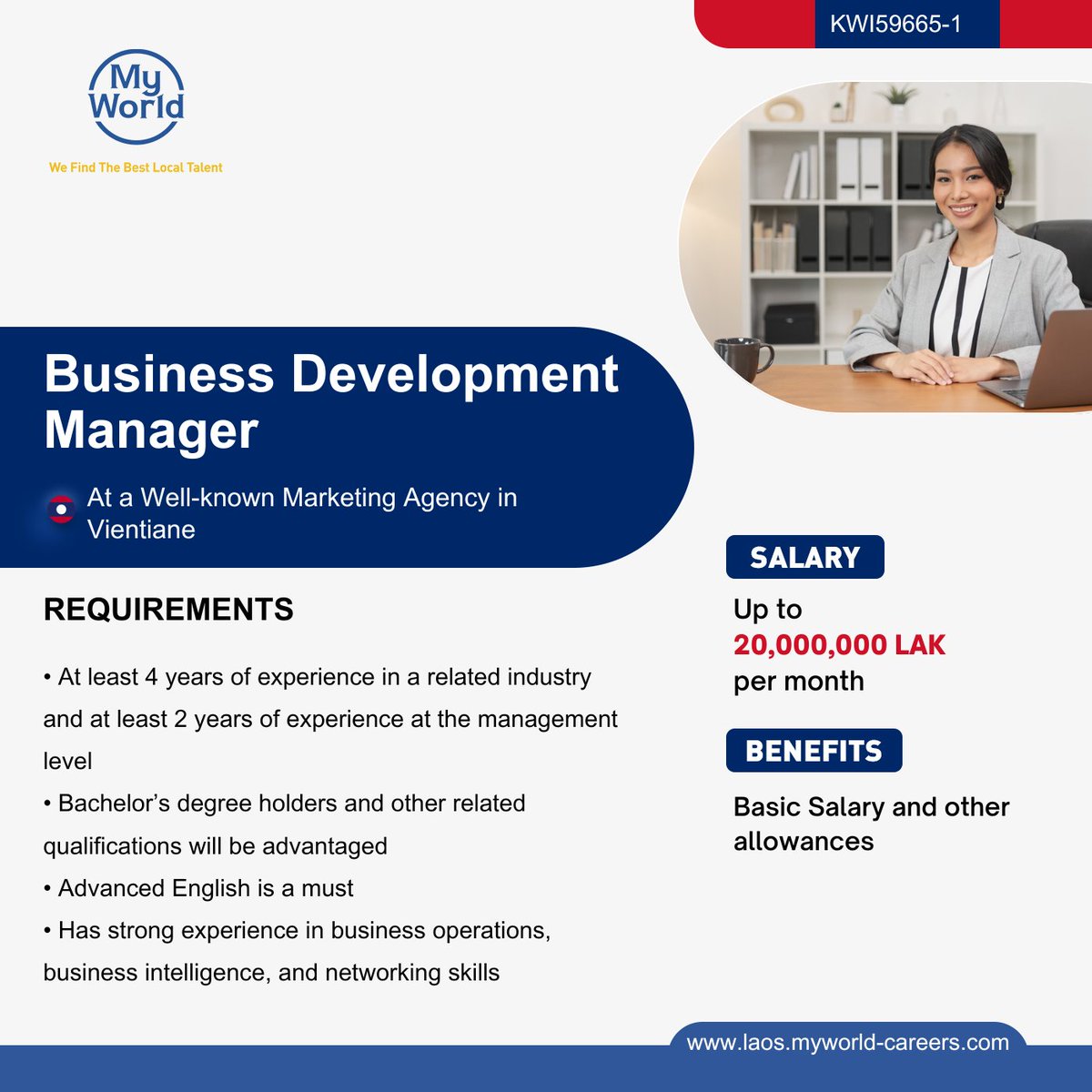 #Hiring in #Laos

Position -​​ ​#BusinessDevelopmentManager at a Well-known Marketing Agency in Vientiane
Salary - Up to 20,000,000 LAK per month
#Job Link - tinyurl.com/2exe5ayu
Email - support@myworld-careers.com

#vacancies #jobs #JobOpportunity