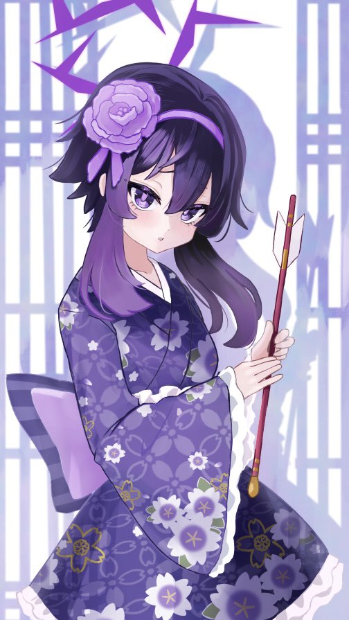 haruka (blue archive) 1girl solo japanese clothes kimono purple eyes hair ornament halo  illustration images