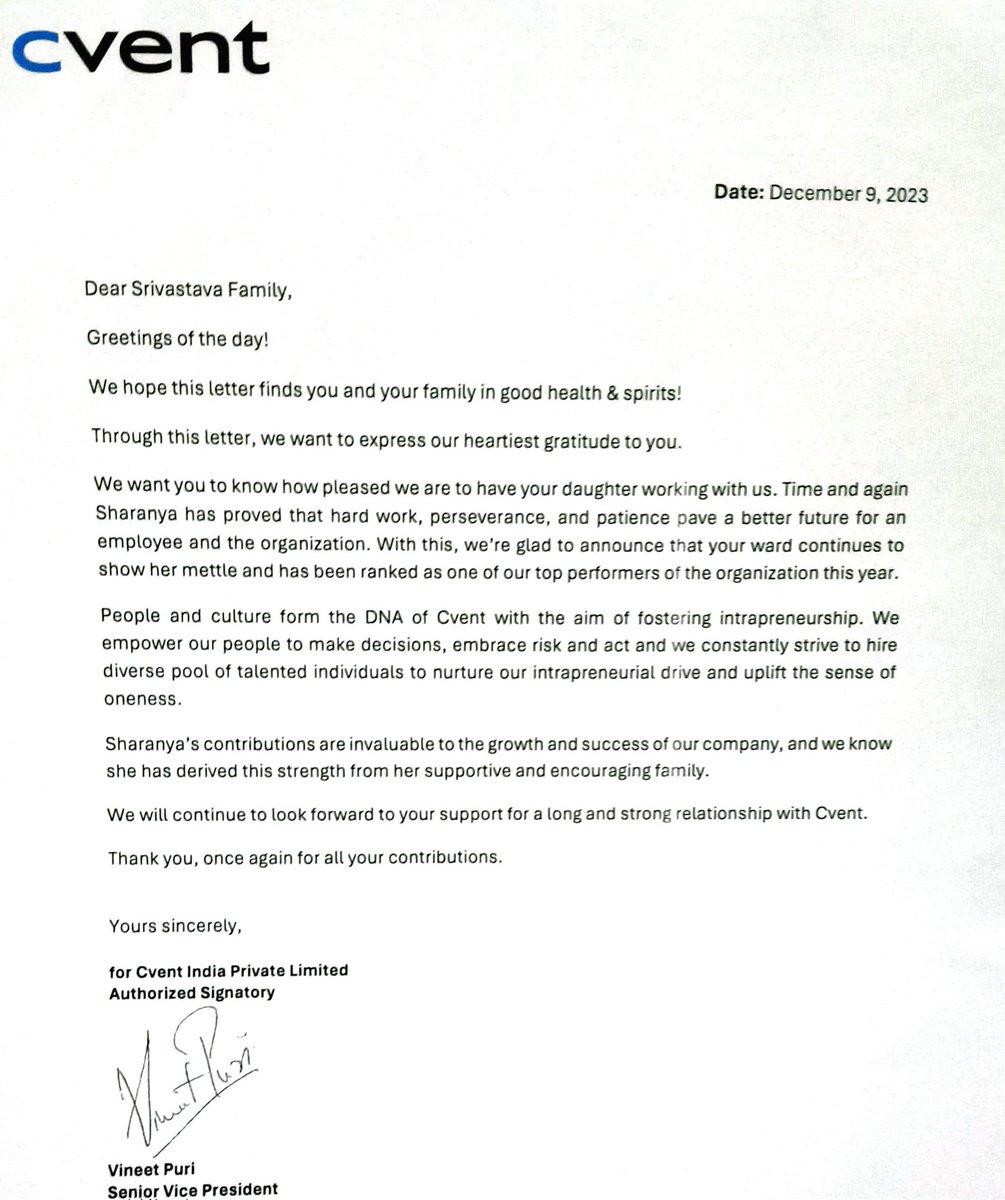 seekersharanya's tweet image. My workplace sent out surprise appreciation letters and a cute indoor plant to the families of all top performers of 2023.

Thank you @cvent for the sweet little surprise for me and my fam :)

#CventAppreciates #AppreciationWeek #honored
