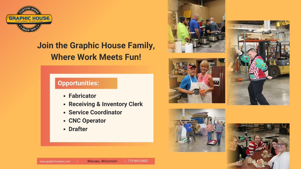 GraphicHouseGHI's tweet image. Looking for a career? Why us? Because we&apos;re not just a workplace; we&apos;re a FUNplace!  We&apos;re seeking talented and hardworking individuals. Whether you&apos;re an #AccountingAssociate, #ReceivingInventoryClerk, #ServiceCoordinator, #Drafter, or #Fabricator apply: graphichouseinc.com/careers/
