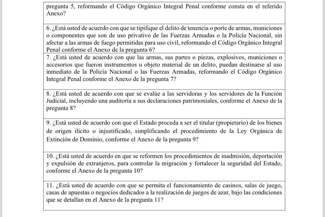mauroandinoe's tweet photo. 📌 En estricto derecho la consulta popular planteada por Daniel Noboa en su mayoría se refiere a reformas al Código Orgánico Integral Penal, lo cual tiene un primer obstáculo que debe superar y seguramente la Corte Constitucional lo dilucidará, pues, para que una reforma legal pueda plantearse a la ciudadanía requiere previamente que haya sido NEGADA por la Asamblea Nacional. Así lo prevé el Art. 195 del Código de la Democracia que adjunto.

🔶 Existen preguntas como la No 2 que habla de que los militares controlen y eviten el ingreso de armamento a los Centros de Rehabilitación Social, asunto que ya se encuentra previsto en la Ley de Seguridad Pública, aunque ahora la propuesta se amplía un poco y señala que se lo haga de manera “permanente”. 

🔶 La pregunta No 3 puede interpretarse como carta abierta para que se haga uso letal de la fuerza bajo cualquier circunstancia en contra de un presunto delincuente y mientras no exista sentencia ejecutoriada el miembro de la fuerza pública no sería privado de su libertad, lo cual evidentemente podría devenir en excesos, abusos y equivocaciones en contra de los ciudadanos. Algunos expertos argumentarán que ningún policía o militar está exento de extralimitarse en el ejercicio de sus funciones.

🔶 Respecto de la pregunta 8 plantea evaluar y realizar auditorías a las declaraciones patrimoniales de los servidores judiciales. Estoy de acuerdo en el objetivo -transparentar su patrimonio y evitar la corrupción-, pero es un asunto que puede y debe realizarlo la Contraloría e investigarlo la Fiscalía. 

🤔 ¿Por qué solo incluye en esta pregunta a los judiciales? Deberían constar los miembros de la Policía Nacional, de las Fuerzas Armadas y autoridades de elección popular, aunque como he dicho, es una tarea de la misma Contraloría y Fiscalía. Necesitamos depurar la estructura del Estado, no solo una parte del mismo.

🔶 En lo personal, la pregunta No 11 de los casinos me parece un despropósito. Muchos especialistas -existe literatura al respecto- han señalado que este tipo de negocios a gran escala facilitan el lavado de activos y el ocultamiento de recursos provenientes de actividades ilícitas vinculadas al crimen organizado. Esta pregunta se ajusta a la frase que dice que “el remedio puede resultar peor que la enfermedad” y parece que pretenden beneficiar a ciertos grupos económicos.

📍 Es verdad que, aún falta analizar detenidamente los anexos, pero cabe preguntarse lo siguiente: ¿Justifica una consulta popular con un gasto de 45 millones de dólares, cuando el paquete de reformas al COIP podría enviarse a la Asamblea Nacional? Daniel Noboa tiene mayoría parlamentaria y lograría su cometido, evitaría gastos y no incrementaría la fatiga – hastío electoral de que comparezcamos nuevamente a las urnas. De paso, no correría el riesgo de que la Corte Constitucional le niegue su consulta o peor aún, que pierda la misma tal como sucedió con Guillermo Lasso.

💡 Ojalá se propicie un debate serio y argumentado sobre la propuesta de consulta popular y que los voceros del régimen nos expliquen cómo van a solucionar estas reformas legales la inseguridad en el país, en cuánto tiempo aproximadamente lo lograrían, cuáles son los objetivos, metas e indicadores que aspiran alcanzar y cuáles son las acciones y políticas públicas que acompañarían a estas reformas para que su programa sea integral y no caiga únicamente en el populismo penal.

©️ MAE ✍️