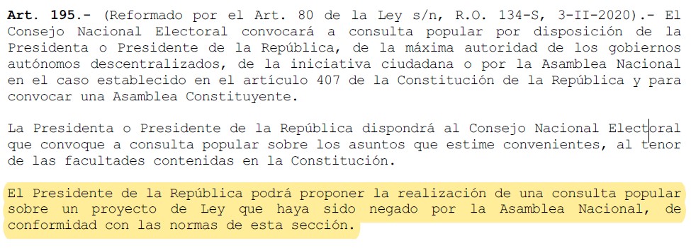 mauroandinoe's tweet photo. 📌 En estricto derecho la consulta popular planteada por Daniel Noboa en su mayoría se refiere a reformas al Código Orgánico Integral Penal, lo cual tiene un primer obstáculo que debe superar y seguramente la Corte Constitucional lo dilucidará, pues, para que una reforma legal pueda plantearse a la ciudadanía requiere previamente que haya sido NEGADA por la Asamblea Nacional. Así lo prevé el Art. 195 del Código de la Democracia que adjunto.

🔶 Existen preguntas como la No 2 que habla de que los militares controlen y eviten el ingreso de armamento a los Centros de Rehabilitación Social, asunto que ya se encuentra previsto en la Ley de Seguridad Pública, aunque ahora la propuesta se amplía un poco y señala que se lo haga de manera “permanente”. 

🔶 La pregunta No 3 puede interpretarse como carta abierta para que se haga uso letal de la fuerza bajo cualquier circunstancia en contra de un presunto delincuente y mientras no exista sentencia ejecutoriada el miembro de la fuerza pública no sería privado de su libertad, lo cual evidentemente podría devenir en excesos, abusos y equivocaciones en contra de los ciudadanos. Algunos expertos argumentarán que ningún policía o militar está exento de extralimitarse en el ejercicio de sus funciones.

🔶 Respecto de la pregunta 8 plantea evaluar y realizar auditorías a las declaraciones patrimoniales de los servidores judiciales. Estoy de acuerdo en el objetivo -transparentar su patrimonio y evitar la corrupción-, pero es un asunto que puede y debe realizarlo la Contraloría e investigarlo la Fiscalía. 

🤔 ¿Por qué solo incluye en esta pregunta a los judiciales? Deberían constar los miembros de la Policía Nacional, de las Fuerzas Armadas y autoridades de elección popular, aunque como he dicho, es una tarea de la misma Contraloría y Fiscalía. Necesitamos depurar la estructura del Estado, no solo una parte del mismo.

🔶 En lo personal, la pregunta No 11 de los casinos me parece un despropósito. Muchos especialistas -existe literatura al respecto- han señalado que este tipo de negocios a gran escala facilitan el lavado de activos y el ocultamiento de recursos provenientes de actividades ilícitas vinculadas al crimen organizado. Esta pregunta se ajusta a la frase que dice que “el remedio puede resultar peor que la enfermedad” y parece que pretenden beneficiar a ciertos grupos económicos.

📍 Es verdad que, aún falta analizar detenidamente los anexos, pero cabe preguntarse lo siguiente: ¿Justifica una consulta popular con un gasto de 45 millones de dólares, cuando el paquete de reformas al COIP podría enviarse a la Asamblea Nacional? Daniel Noboa tiene mayoría parlamentaria y lograría su cometido, evitaría gastos y no incrementaría la fatiga – hastío electoral de que comparezcamos nuevamente a las urnas. De paso, no correría el riesgo de que la Corte Constitucional le niegue su consulta o peor aún, que pierda la misma tal como sucedió con Guillermo Lasso.

💡 Ojalá se propicie un debate serio y argumentado sobre la propuesta de consulta popular y que los voceros del régimen nos expliquen cómo van a solucionar estas reformas legales la inseguridad en el país, en cuánto tiempo aproximadamente lo lograrían, cuáles son los objetivos, metas e indicadores que aspiran alcanzar y cuáles son las acciones y políticas públicas que acompañarían a estas reformas para que su programa sea integral y no caiga únicamente en el populismo penal.

©️ MAE ✍️