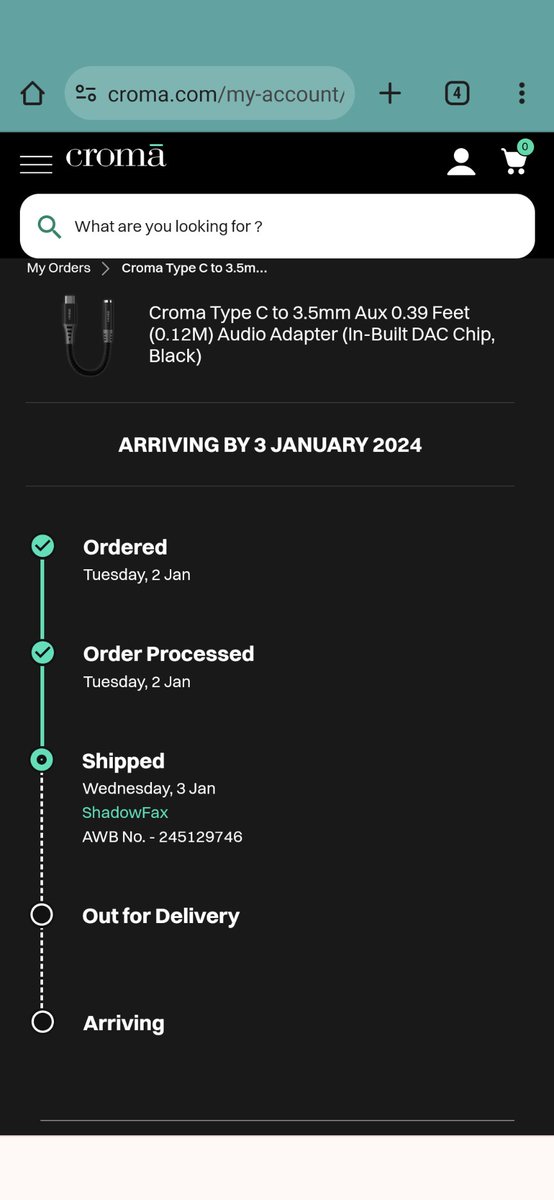 sidsinroy's tweet photo. @cromaretail @shadowfax_in when will this be delivered? What worries me more #shadowfaxindia I am entering AWB (as per Croma order page) and your page says "Wrong AWB". No message or call from #croma or #shadowfax https://t.co/J6KeSjU77P