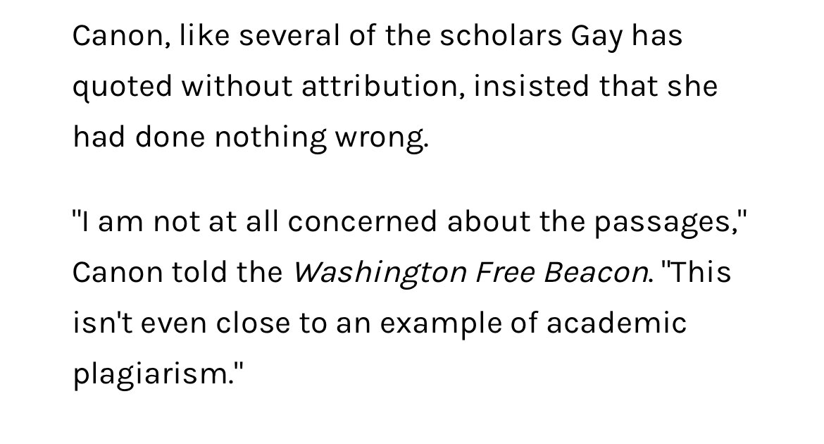 Darkly funny that the conservative activist pushing the Claudine Gay plagiarism story contacted one of the allegedly plagiarized authors for comment, and he was like “uh this is not plagiarism what are you talking about” freebeacon.com/campus/harvard…