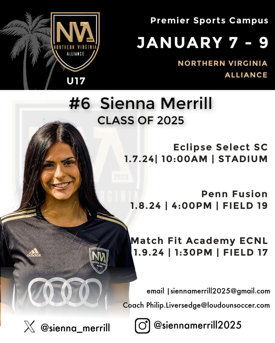 Back at it in sunny FL at the ECNL Showcase from January 7-9! 

Playing three impressive teams <a href="/EclipseSelectSC/">Eclipse Select SC</a> <a href="/PennFusionECNL/">Penn Fusion SA ECNL </a> <a href="/MFAGirlsAcademy/">MatchFitGirlsAcademy</a> ‼️ Proud to be on the field with <a href="/AllianceECNL07/">Northern Virginia Alliance ECNL 2007</a>. 🖤 Happy 2024!