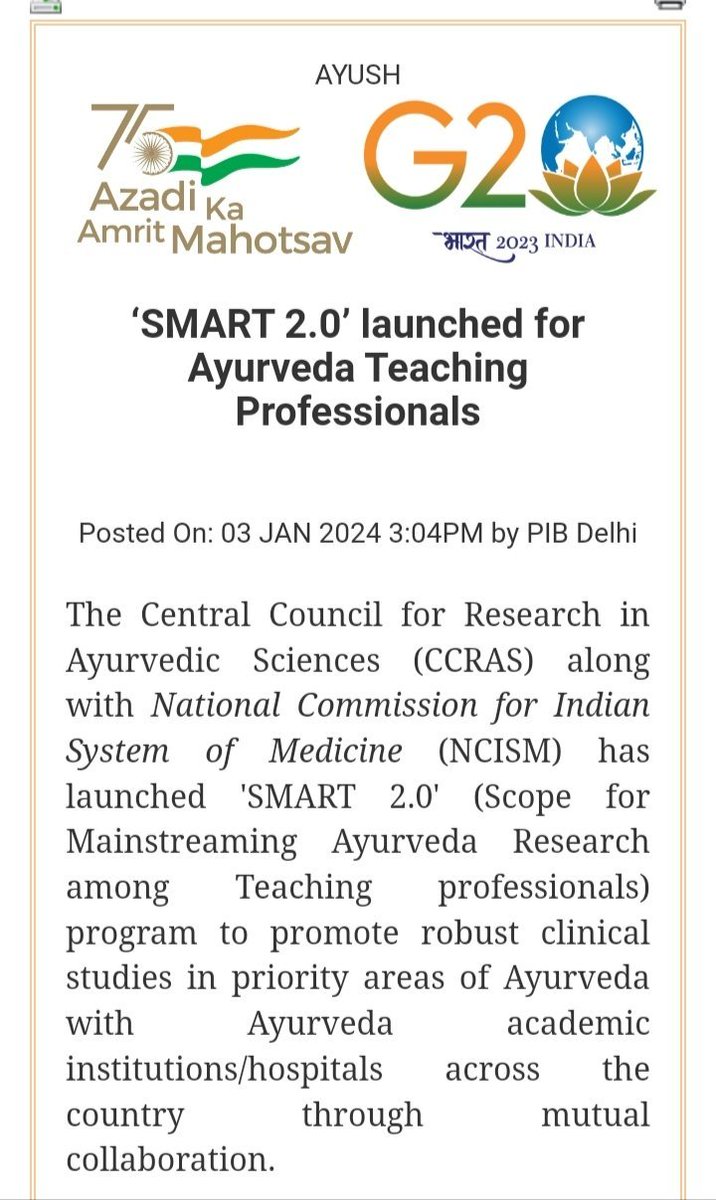 The Central Council for Research in Ayurvedic Sciences (CCRAS) along with National Commission for Indian System of Medicine (NCISM) has launched 'SMART 2.0' (Scope for Mainstreaming Ayurveda Research among Teaching professionals) program. 

The program aims to promote robust