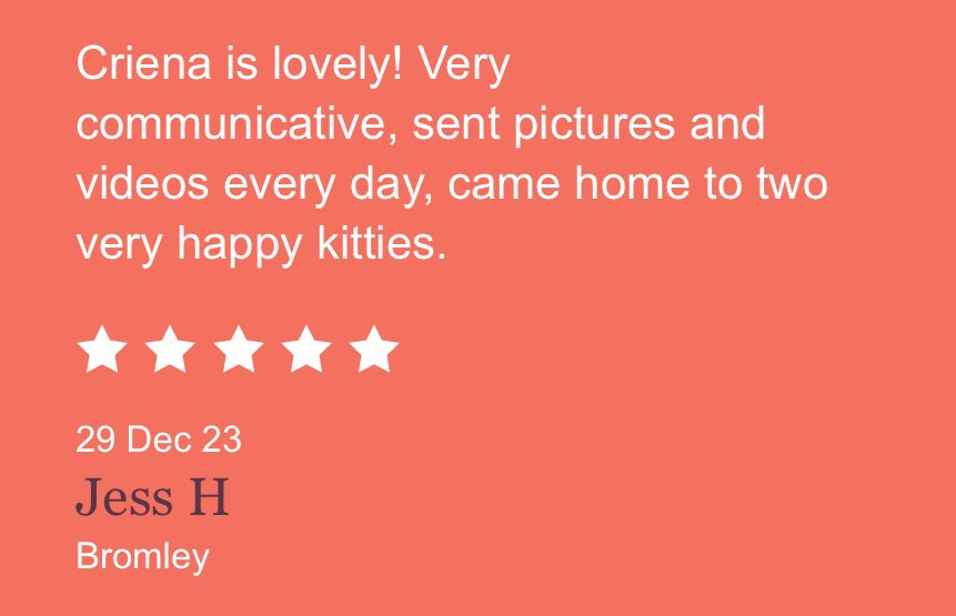 Lovely little review from a new ⁦@catinaflat⁩ client 😻