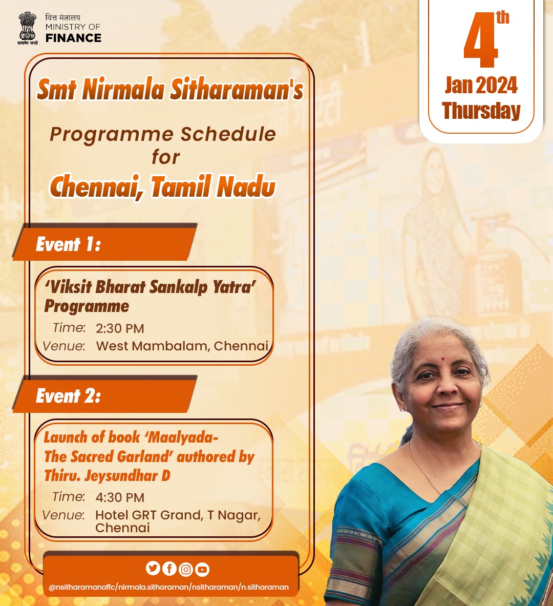 Programme details of Smt @nsitharaman's visit to Chennai, Tamil Nadu on January 4, 2024. #ViksitBharatSankalpYatra