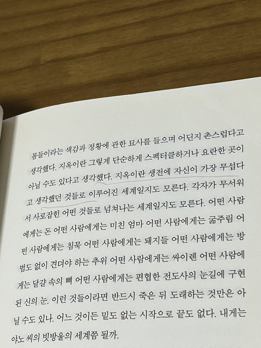 도서관에서 책을 빌렸는데 이 곳에만 줄이 그어져 있었다.
지옥에 밑줄을 긋는 마음은 어떤 마음이었을까?
