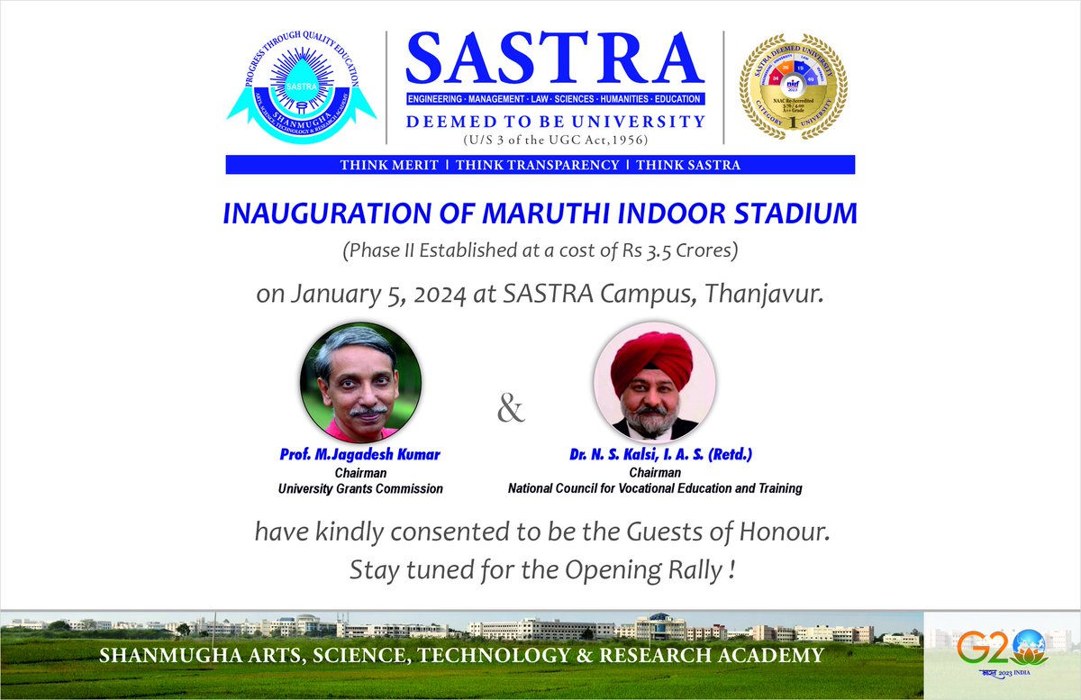 .@SastraUniv welcomes @ugc_india Chmn. @mamidala90 ji, @NCVETIndia Chpsn. @nskalsi ji, UGCofficials & delegates for Sz VC Conference on @NEP2020 Implementation on Jan 5. Phase II Maruthi Indoor Stadium built at a cost of 3.5Crores also dedicated to Nation over an Opening Rally!