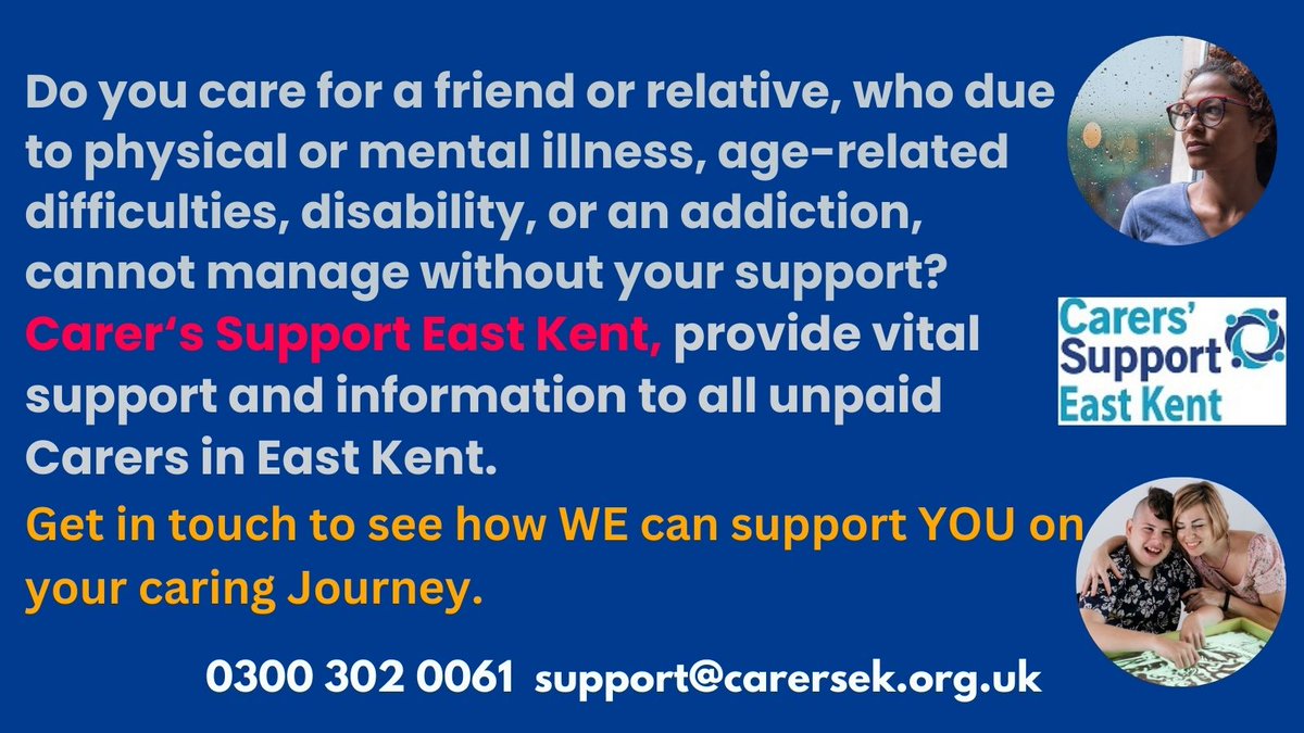Carer‘s Support East Kent, provide vital support and information to all unpaid Carers in East Kent. Get in touch to see how WE can support YOU on your caring Journey. 0300 302 0061 support@carersek.org.uk