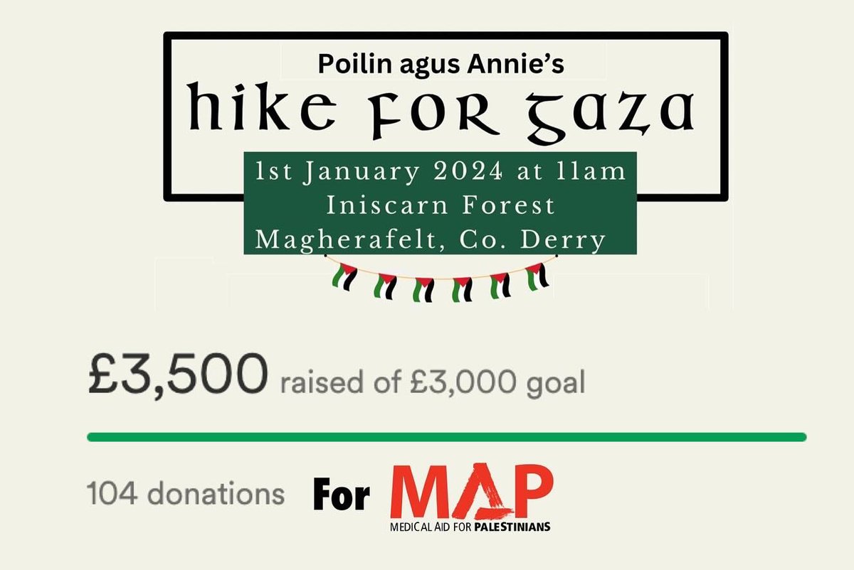Amazing turnout for the NYD Hike For Gaza on Slieve Gallion, demanding 2024 be the year of a Free Palestine! 🇵🇸

 #MidUlster raised £3.5K for @MedicalAidPal, Poilin and Annie 👏

 Let’s keep the fight up in 2024 🇮🇪✊🇵🇸