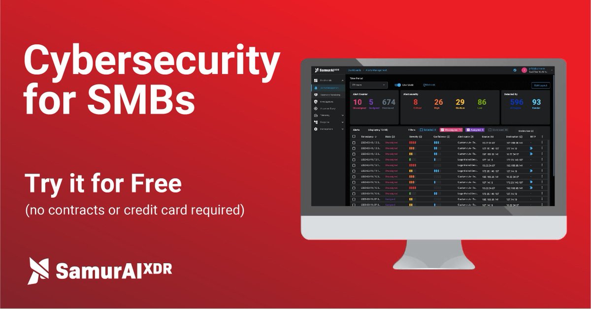 💼 A cybersecurity tip for SMBs: Regularly update your software and security patches. What else can you do? Claim your Samurai XDR free trial here to boost your protection buff.ly/3vcLOMq 

#smb #smallbusinessowner #smbsecurity #securityanalyst #ProtectYourBusiness