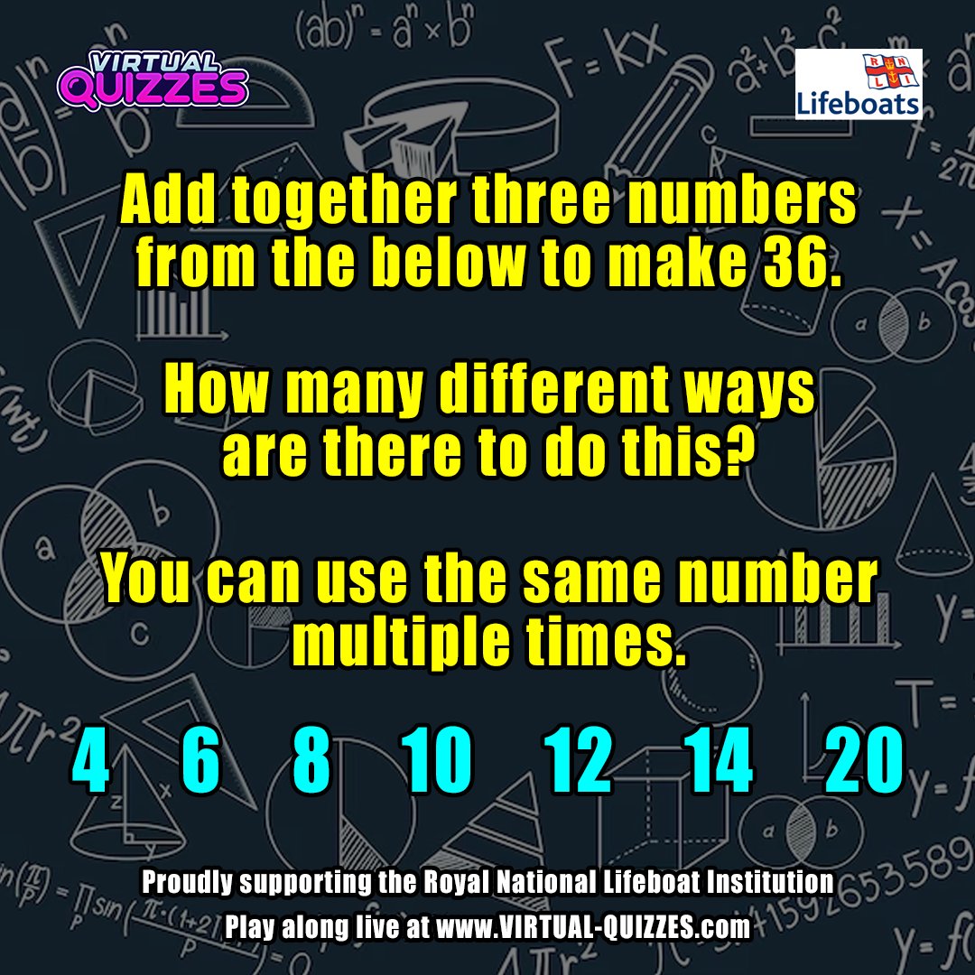 Jorosar's tweet photo. It's a new year, and that means this coming Friday at 7pm is the first #VirtualQuizzes stream of 2024, fundraising for @RNLI in January.
How many ways can you get 36 from these numbers? Have a go and comment your answer π
Play along on the night at https://t.co/ClQNjEUO4s! β€οΈ https://t.co/kwSpYPEg5h