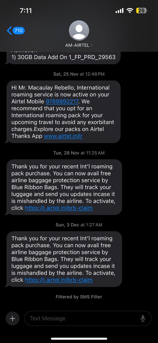 RebelloMacaulay's tweet photo. @airtelindia really disappointed with the customer service of Airtel. I have been incorrectly charged for 5 days of international roaming despite only subscribing for two days. Also no one from the chat cares to respond @AshwiniVaishnaw https://t.co/ytTqbo95ps