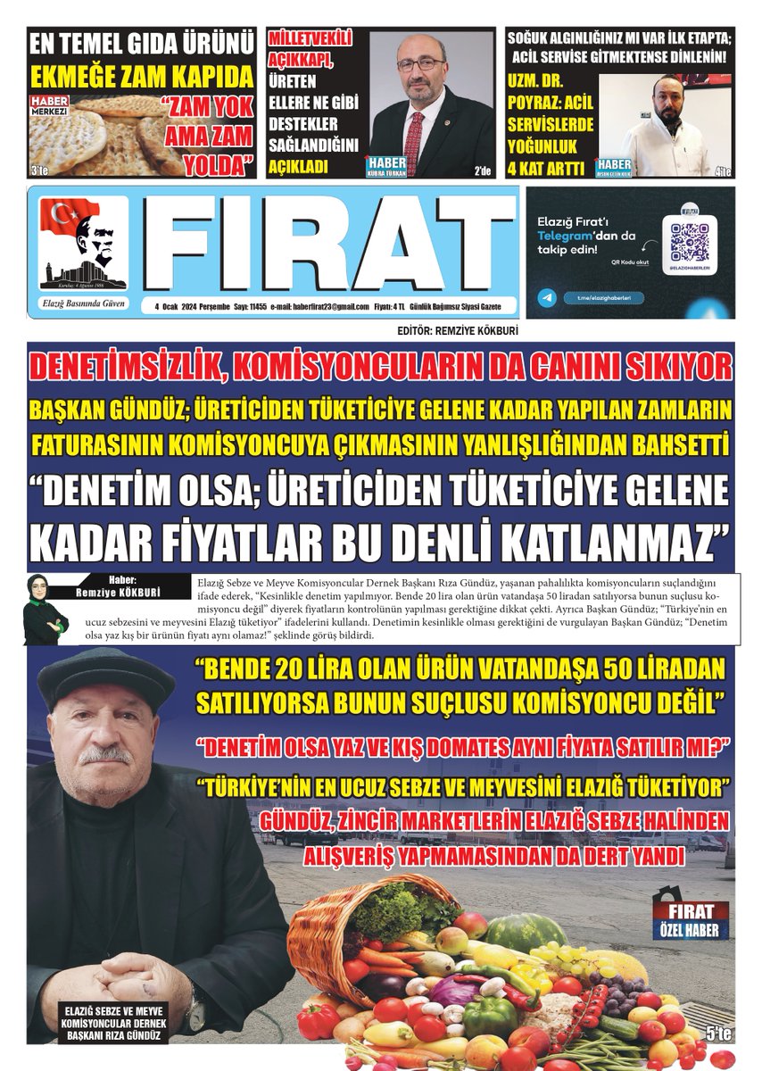 Firatgazetesi23's tweet photo. 4 OCAK 2023 ELAZIĞ FIRAT GAZETESİ
Haberin Detayları: https://t.co/K2xdtEcSQt
#elazığ #sebze #meyve #denetim #sebzehali https://t.co/7tqkBaNVNa