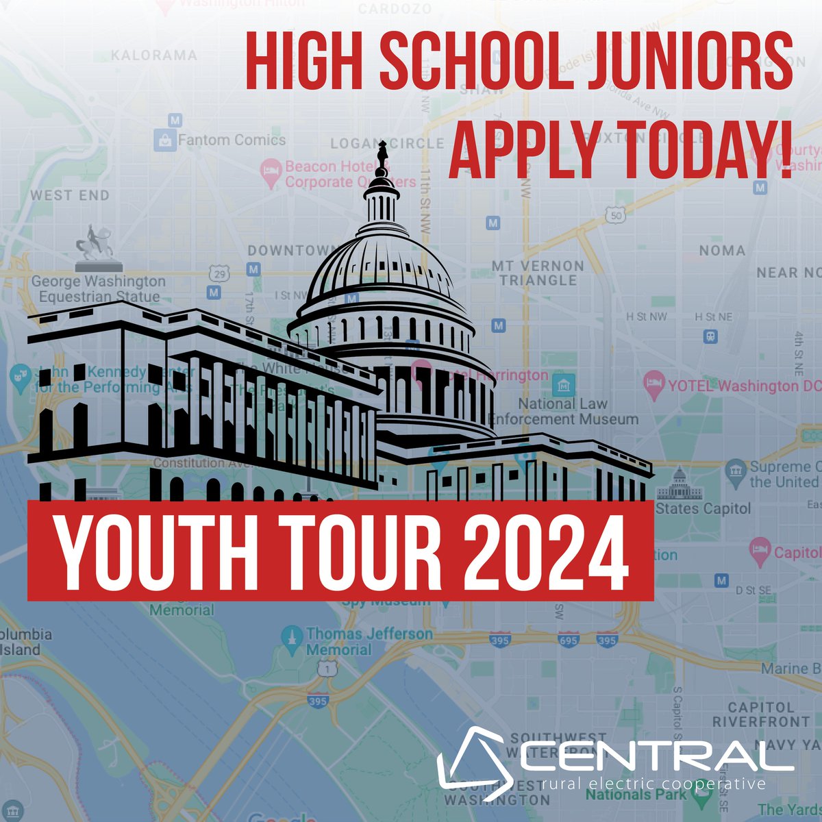 📚📝🏛 YOUTH TOUR APPLICATIONS ARE OPEN 📚📝🏛

Central Rural Electric Cooperative is currently accepting applications for the 2023 Youth Tour contest. To learn more about Youth Tour and the application process please visit mycentral.coop/youthtour