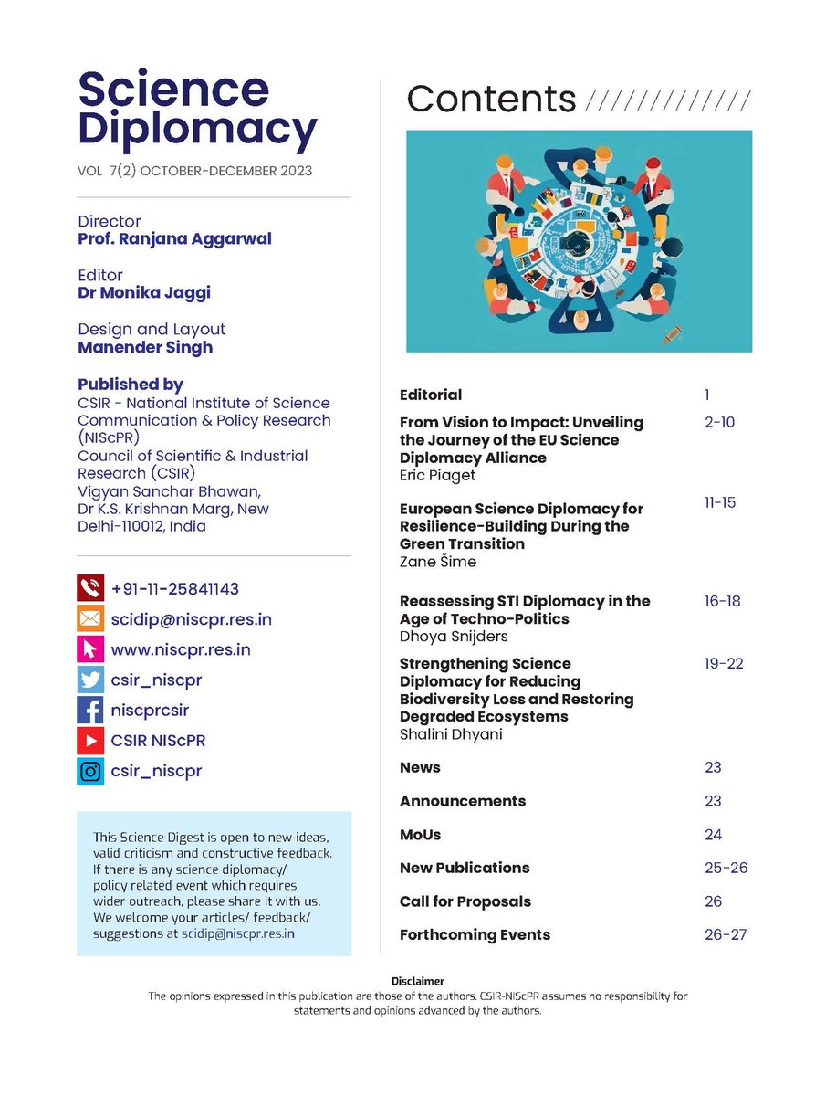 📢Discover latest insights on #EUSciDip in the newest #ScienceDiplomacy issue by @CSIR_NIScPR @CSIR_IND. Articles delve into EU @SciDipAlliance, #EUResearchArea, #STI #Diplomacy, Dutch Diplomacy & more. @insscide_eu @Ranjana_23 @AkashvaniAIR @PIB_India 🔗nopr.niscpr.res.in/handle/1234567…