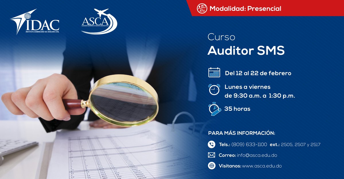 Adquiere los conocimientos necesarios para realizar auditorías internas al Sistema de Gestión de Seguridad Operacional (SMS) de la organización a la que perteneces. 💻: Modalidad presencial 📆: Del 12 al 22 de febrero ⏰: Lunes a viernes, 9:30 a.m. – 1:30 p.m. ¡Contáctanos!