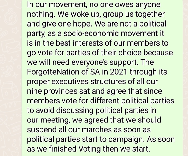 GovtReject's tweet photo. To all members of The ForgotteNation as per our executive provincial structures that it is in the best interests of a socio-economic organization to vote. Each vote for their political party, hence we will suspended all our marches until after everyone vote #lifebeyondnumbers https://t.co/YdY10ZhE3v