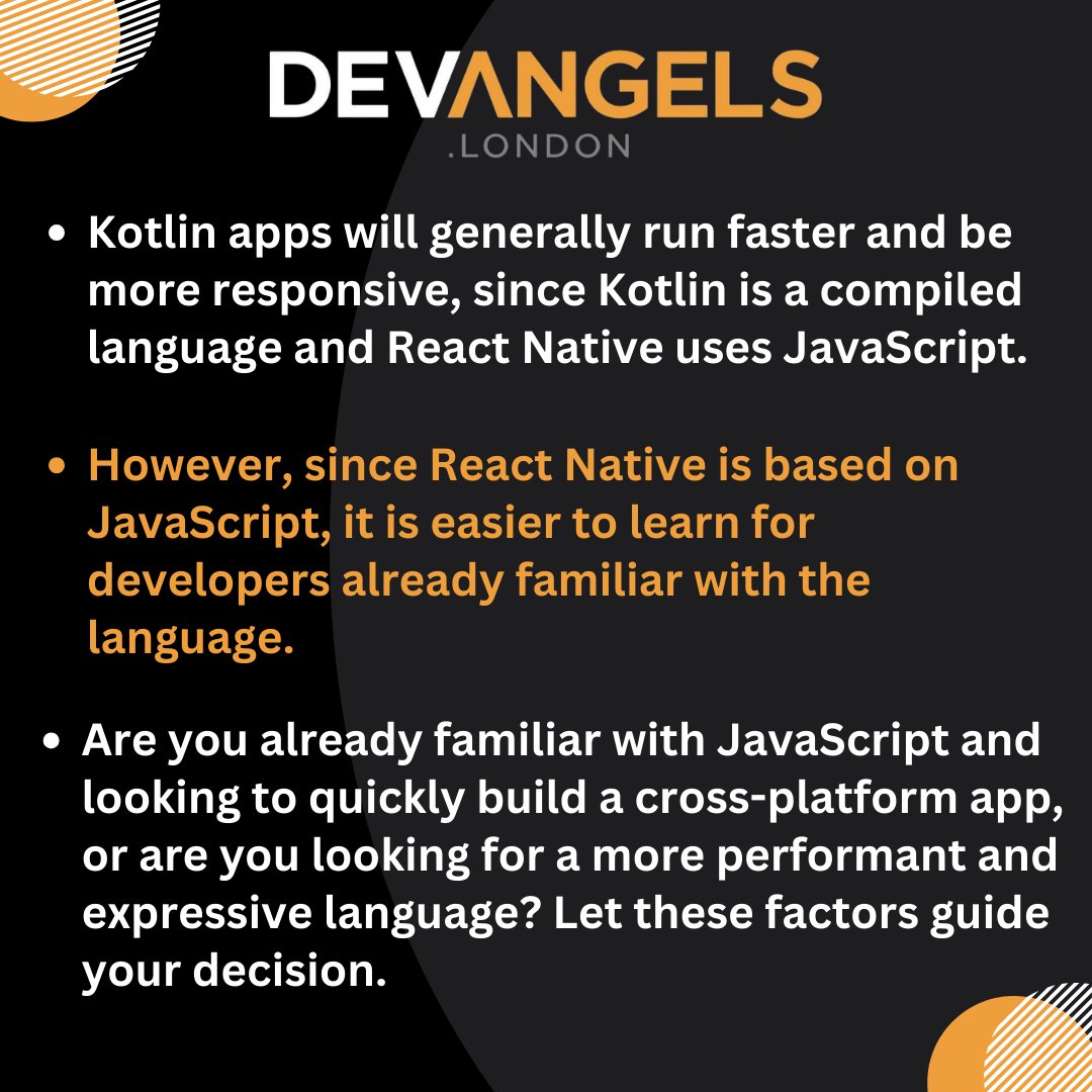 DevAngelsLtd's tweet image. There is no simple answer to the question "which is better - Kotlin or React Native?" It depends entirely on what your priorities are, as each has its advantages and drawbacks.
#flutterexpert #appdevexpert #appdev #flutter #flutterdev #dart #mobileapp #mobileappdev #kotlin #java