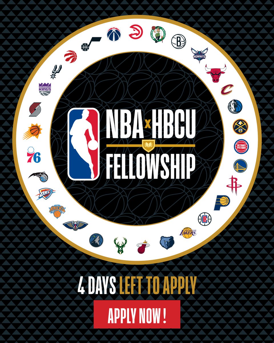 4 DAYS LEFT TO APPLY....

The NBA HBCU Fellowship is powered by the NBA Foundation in partnership with Children’s Defense Fund (@childdefender1973) &amp; Fearless Dialogues (@fearless_dialogues). Apply today. Visit nba.com/hbcufellowship and follow <a href="/NBAFoundation/">NBA Foundation</a> for updates.