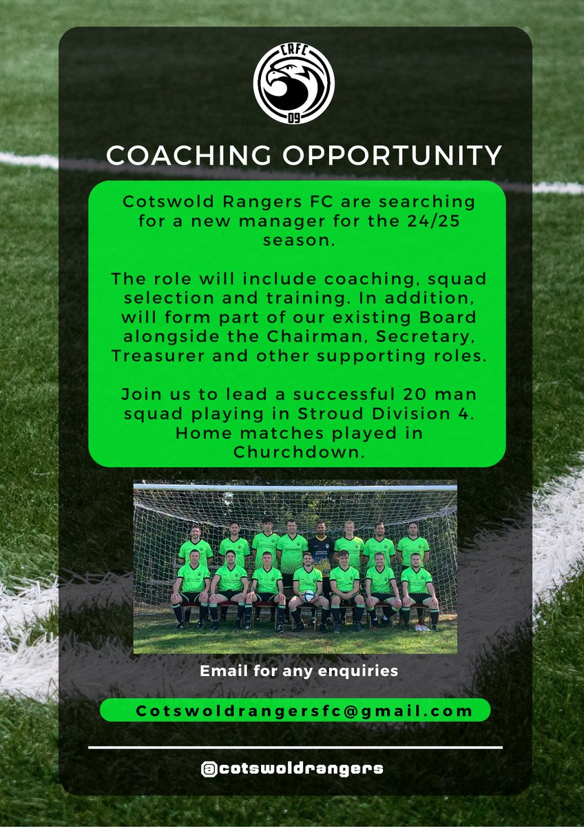 MANAGER WANTED

NEW YEAR, NEW OPPORTUNITY!

We are seeking a new coach to lead our team.

Whilst we are looking ahead to next season, it would be great to have someone on board asap to help transition.

Please like and share!
<a href="/Stroud_League/">Stroud & District Football League</a>
<a href="/GlosFA/">Gloucestershire FA ⚽</a>
<a href="/SevernSport/">Severn Sport</a>

Full details...