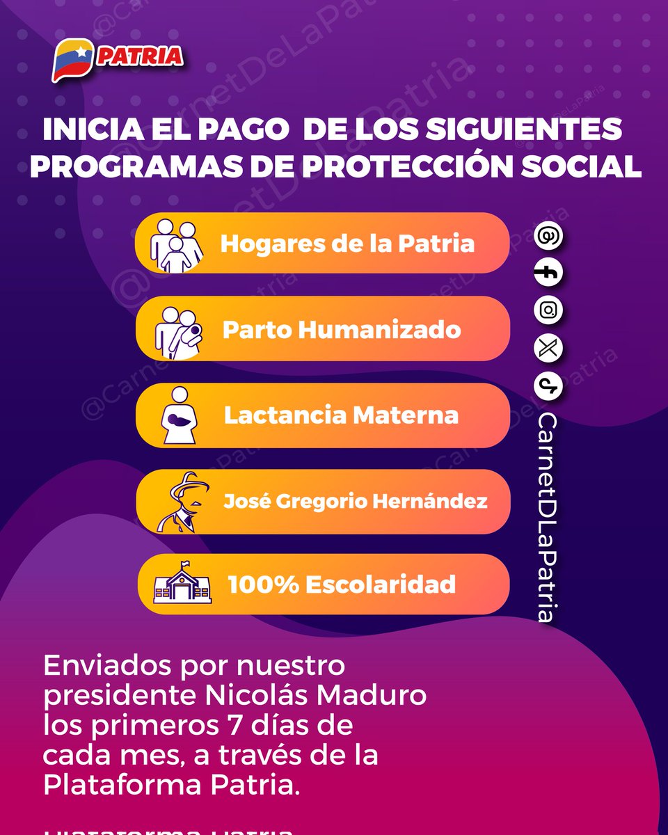 #ATENCIÓN El #SistemaPatria informa que, inicia el pago de los siguientes Programas de Protección Social. Enviado por nuestro Presidente @NicolasMaduro, a través de la #PlataformaPatria. Los primeros 7 días de cada mes. #VenezuelaIndetenible #3Ene