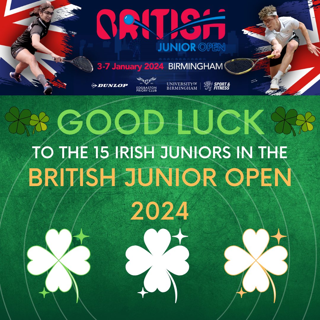 Squash_Ireland's tweet photo. 🍀 Best of luck to all our Irish juniors competing in the British Junior Open in Birmingham this week

#juniorsquash #britishopen #Squash https://t.co/Uu8qzgmcYM