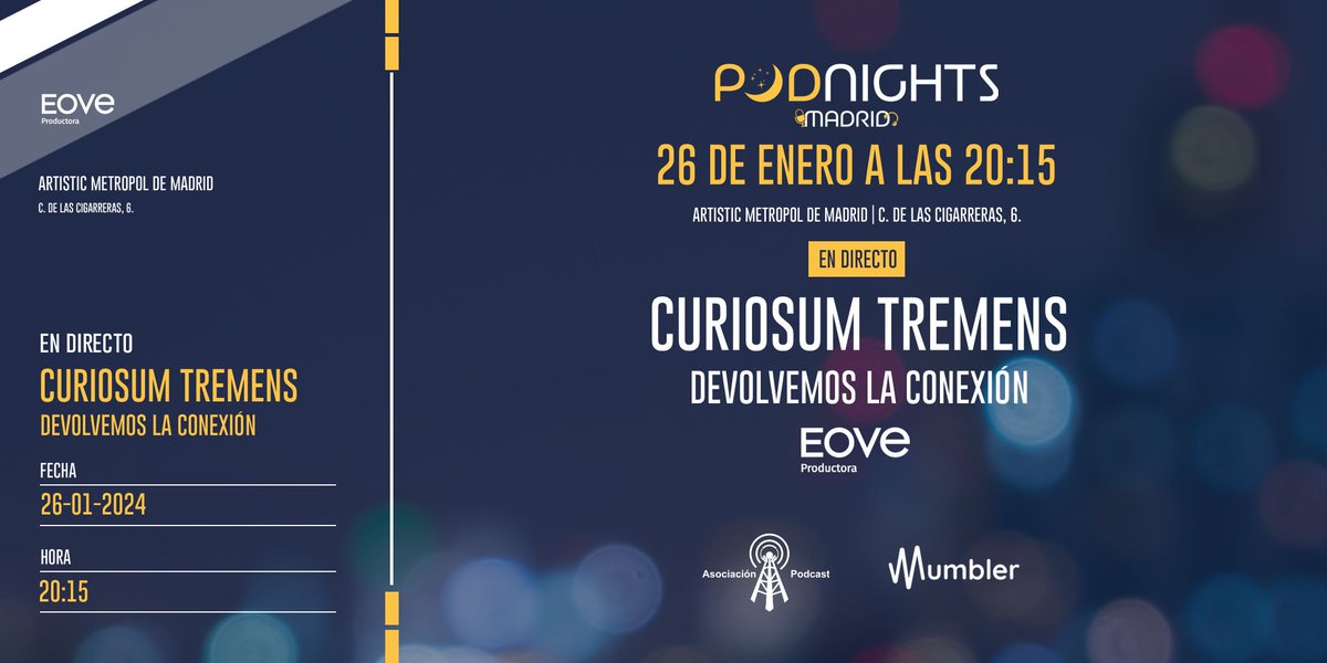 Podnights_Mad's tweet photo. Ya disponibles las entradas para la primera @Podnights_Mad del 2024

Presentación: 'Devolvemos la conexión' de @sonoterror  
Podcast en directo: 'Curiosum Tremens' de @soyandreafdz  

📅 26/01/24
🕑 20:15
📍 @artmetropol 
💶 10€ 

INFO y entradas:
https://t.co/slAc1gUGUi https://t.co/tqs4POHVaY