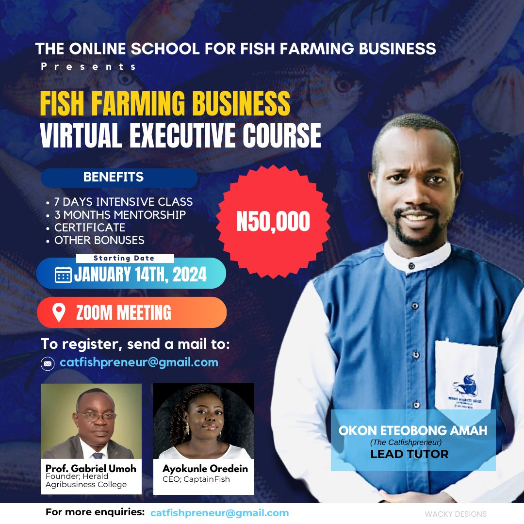 catfishpreneur's tweet image. Astute Prof Gabriel Umoh and Famous @_captainfish Ayokunle Oredein will be joining me to take the course. 

Send a WhatsApp message to +2348069786158 to indicate interest. 
Other details are on the attached flyer 👇🏽
#Prodave #Catfishpreneur #fishfarmingtips #Catfish
 #Aquaculture