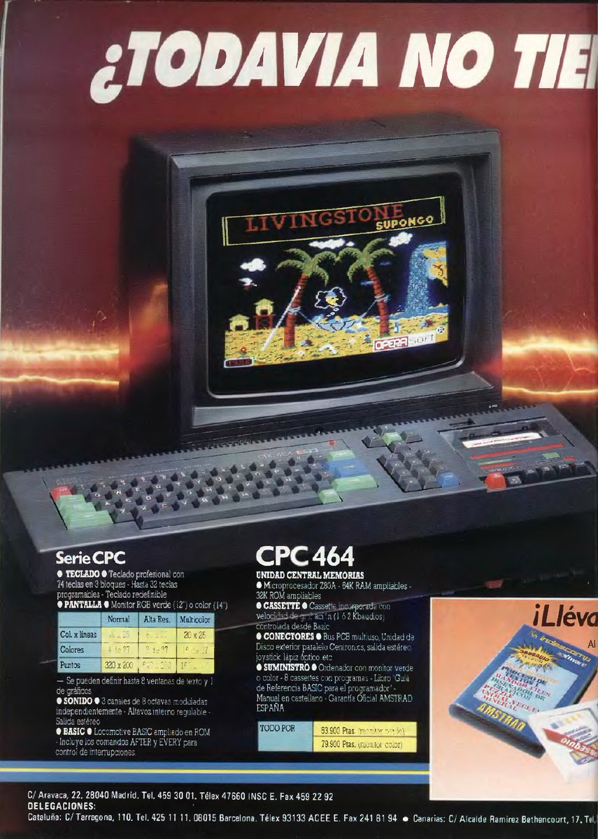 TakodanTweets's tweet image. 1987 two page Spanish ad for the #Amstrad #CPC464 and #CPC6128 computers