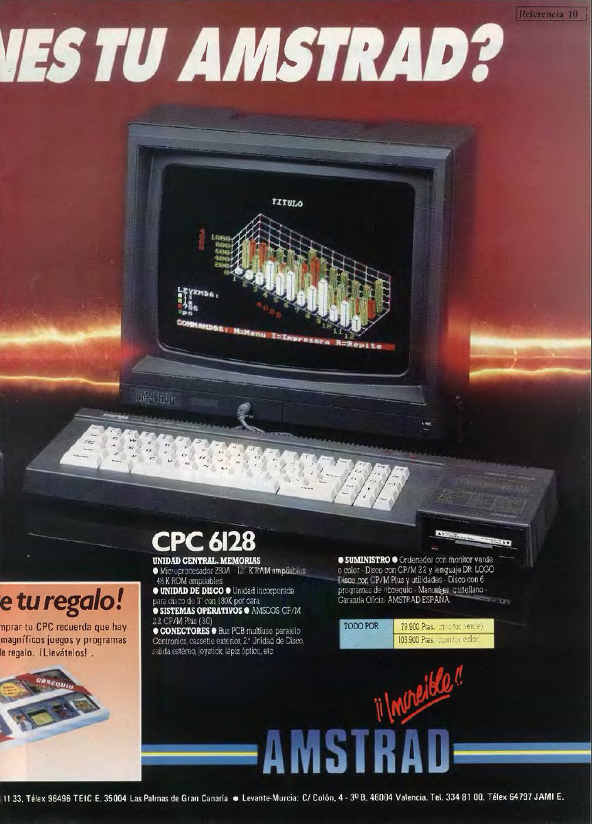 TakodanTweets's tweet image. 1987 two page Spanish ad for the #Amstrad #CPC464 and #CPC6128 computers