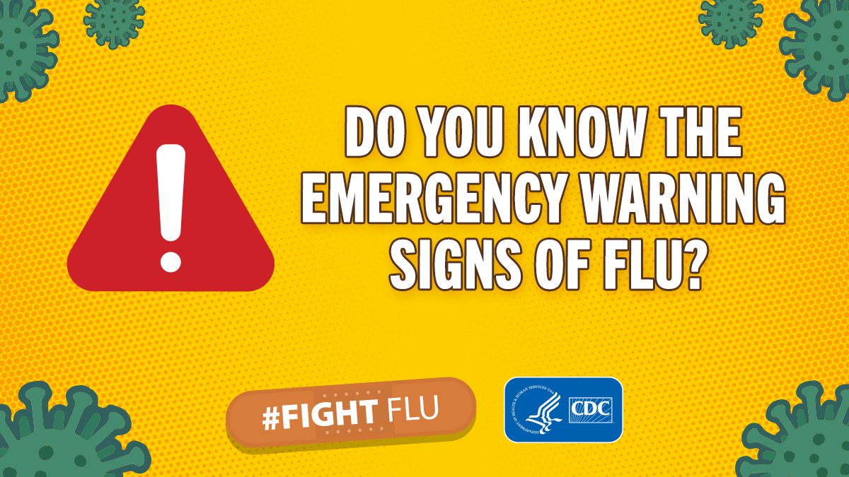 If you or a family member are sick with #flu, there are emergency signs and symptoms to look out for. Some of these include trouble breathing, continuous pain in the chest/abdomen, or dizziness. Full list of emergency warning signs of flu here: bit.ly/45HYasO