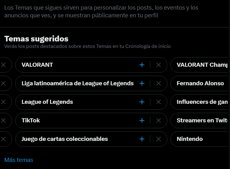 Si tenéis la timeline llena de mierda que no os interesa, voy a intentar salvaros:

Pulsad Configuración y privacidad

Luego en "Privacidad y Seguridad"

Pulsas en "Contenido que ves" y por último en "Temas"

Desmarca toda la mierda que no te interese, mira lo que me salía a mí:
