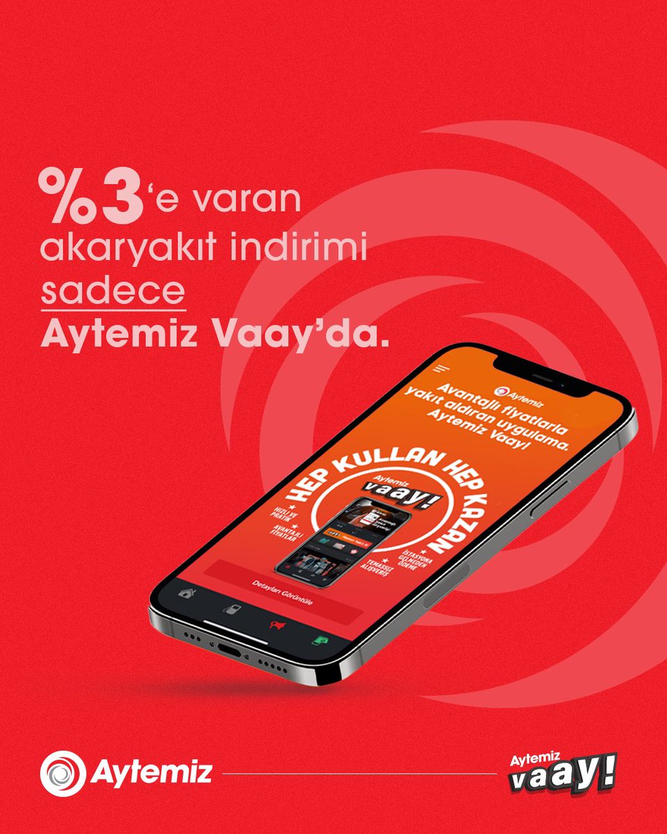 AytemizOfficial's tweet photo. Aytemiz Vaay Mobil Uygulaması’nı indirip, kayıt olarak akaryakıt alışverişinizi %3’e varan avantajlarla yapabilirsiniz!
#Aytemiz #Vaay https://t.co/rveuzTgy9N