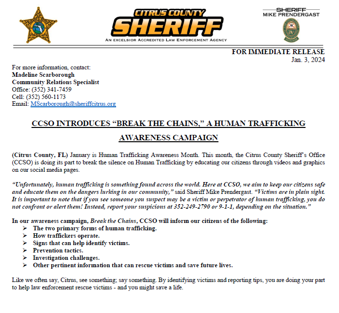 SheriffCitrus's tweet photo. CCSO INTRODUCES “BREAK THE CHAINS,” A HUMAN TRAFFICKING AWARENESS CAMPAIGN
#HumanTraffickingPrevention #CCSOeducating #CCSOProtecting
1726 https://t.co/1IsGiiJv4p