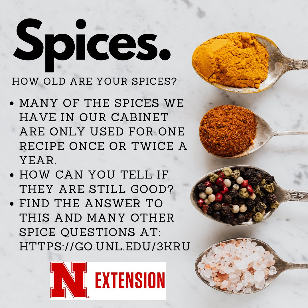 unmccscash's tweet photo. The holidays have wrapped and a new year has started - a great time to toss any expired foods! Are your spices in date? Find the answer to all of your spice questions at: https://t.co/l67AOqXyNp #UNLFoodSafety https://t.co/057FI722FK
