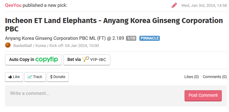 QeeYouBet's tweet photo. South Korea KBL🇰🇷

🏀Daegu Kogas Pegasus - Anyang KGC

Pick : Anyang KGC @2,18

Mise : 0,5%

Jamais fan de la Corée à l'extérieur donc on repart sur une mise prudente.
Le Philippin Belangel est out. Avg 13 ppg.
Anyang aussi sans son Philippin mais déjà depuis 3 matchs donc c'est prit en compte dans les côtes.

Dispo parmi les sites recommandés ici: https://t.co/F76CXQyc81 
Un maximum de #RT🔁#FAV❤️pour soutenir et si vous suivez.

#TeamParieur