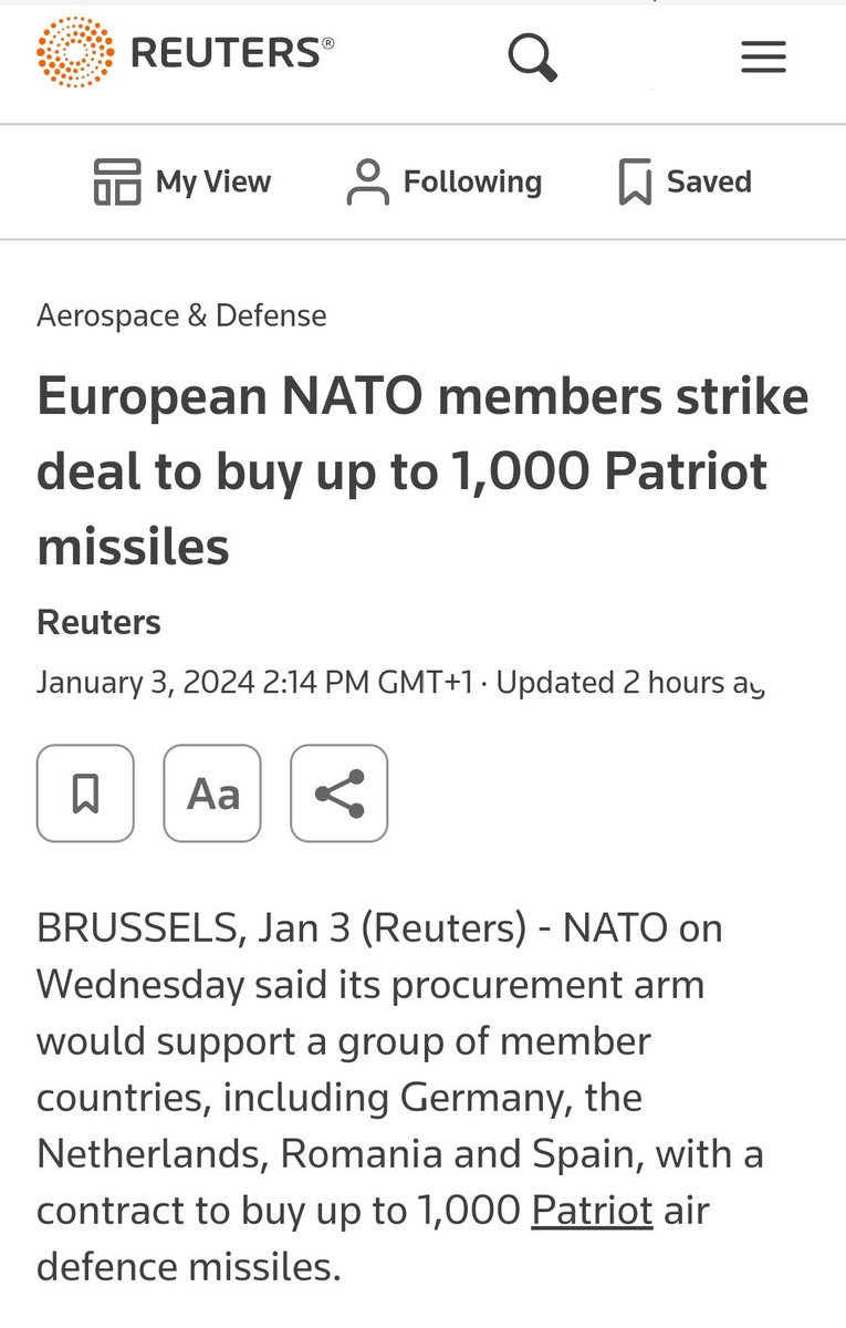 La NATO sosterrà un gruppo di paesi membri, tra cui Germania, Paesi Bassi, Romania e Spagna, con un contratto per l'acquisto di fino a 1.000 missili di difesa aerea Patriot.
#protectUkraine